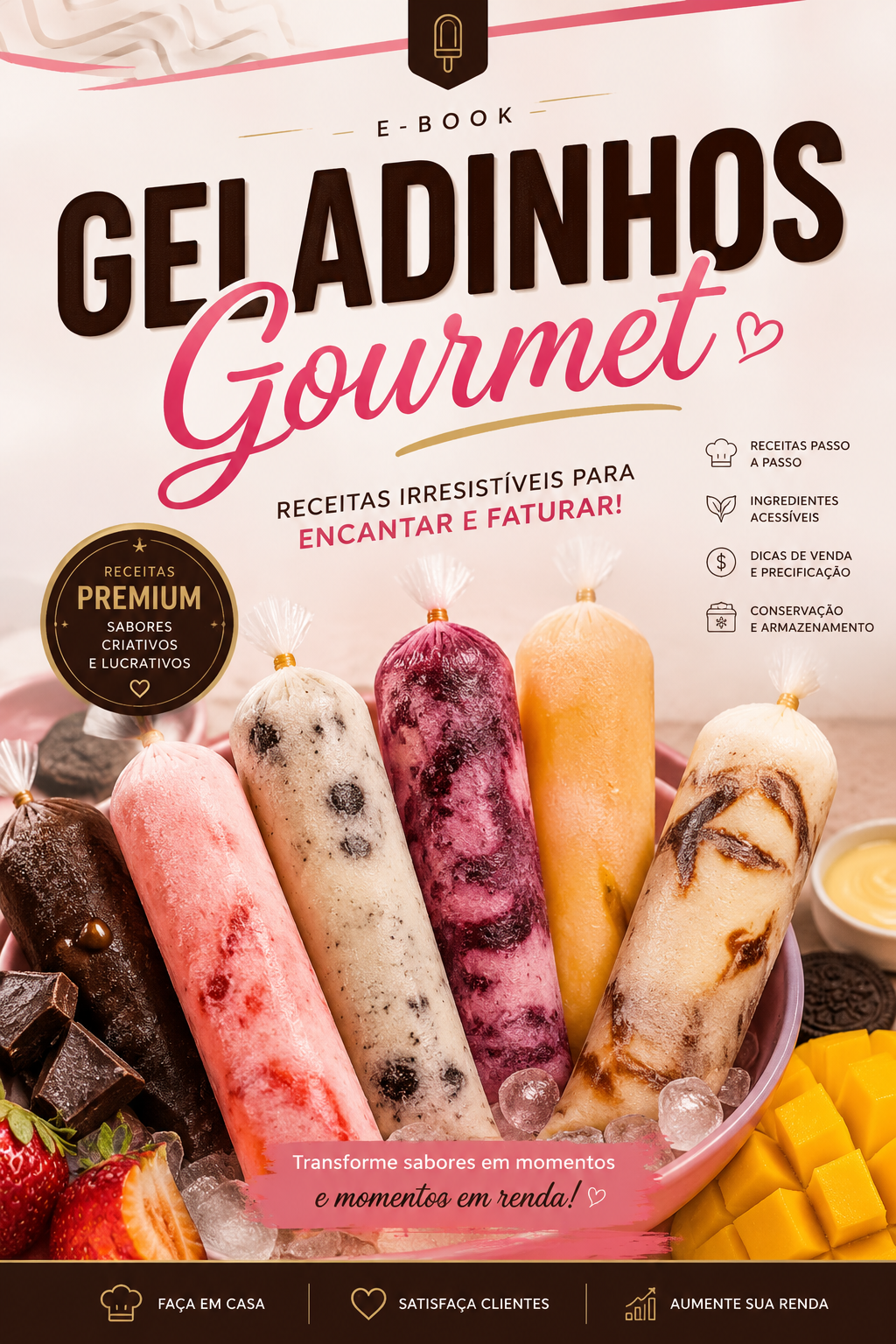 Geladinhos gourmet coloridos ao lado do e-book de receitas